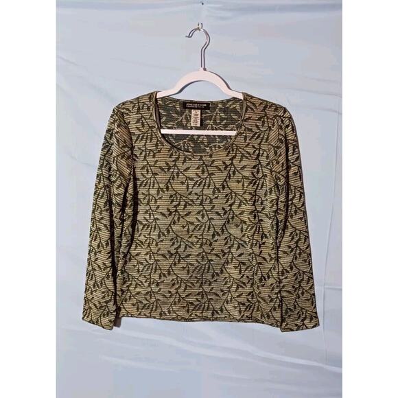 Jones New York Collection Women's PM Long Sleeve Striped Leaf Print Top Green - Picture 1 of 7
